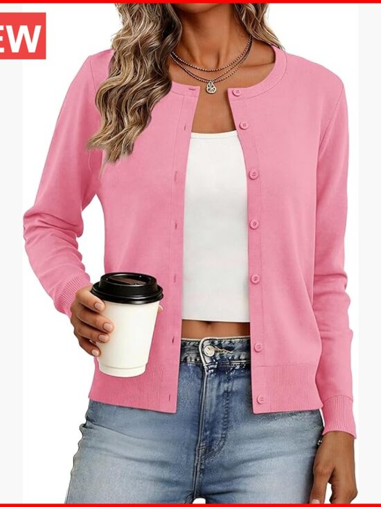 Sweaters - Lightweight Cardigan Sweater with Button Down Closure, Crew Neck